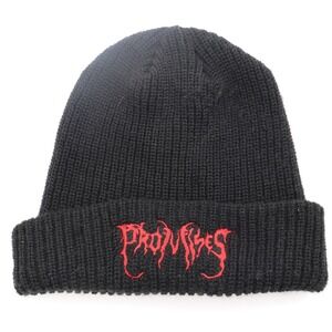 Broken Promises Beanie Mens OS Black Red Metal Logo Ribbed Cuffed Knit Hat